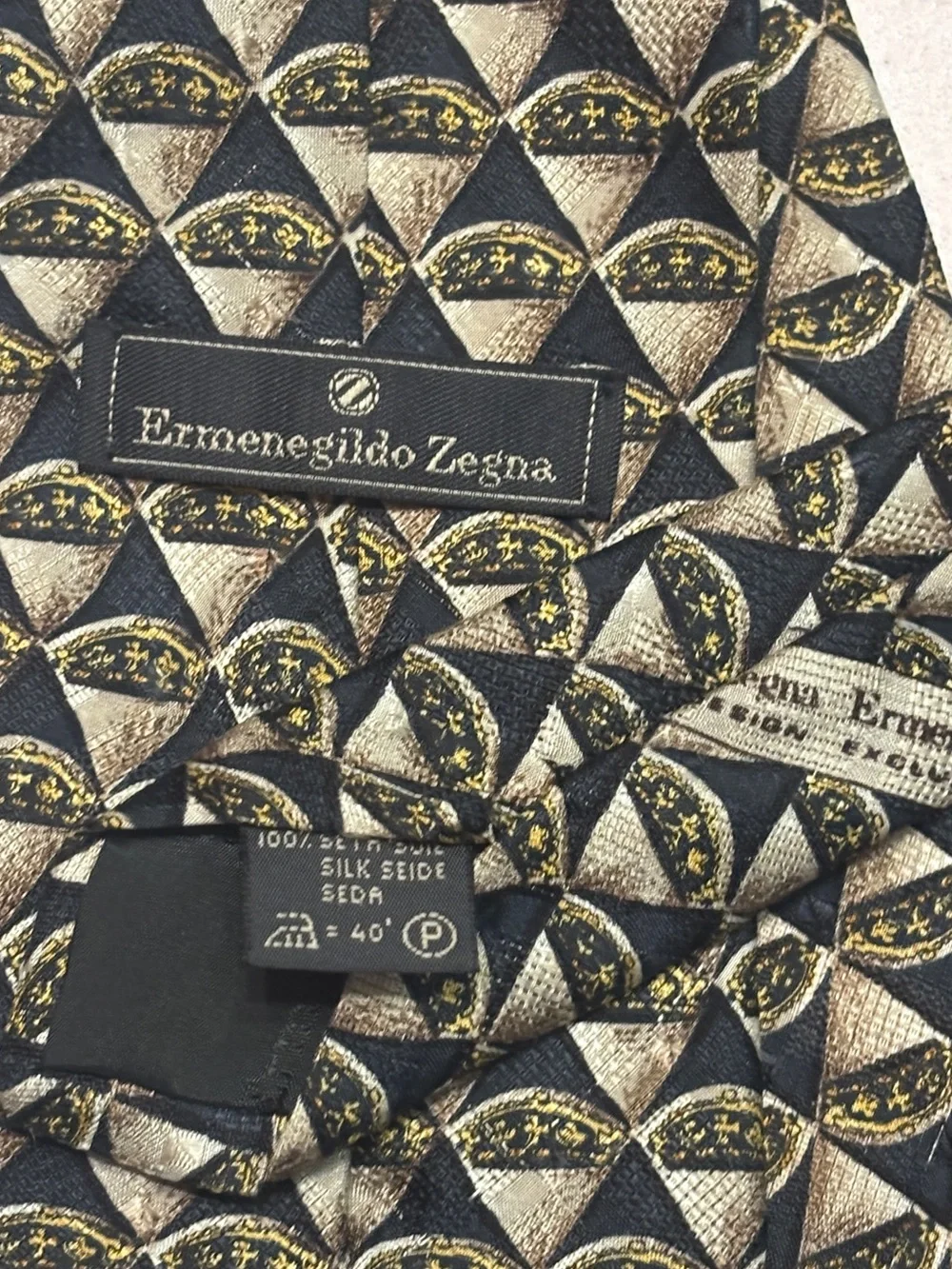 ERMENEGILDO ZENGA Tan & Black Silk Diamond & Crown Pattern Tie
